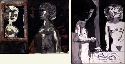 Manuel Vidal: Mujer frente al espejo, tinta sobre cartulina (1966)