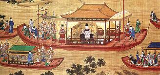 el emperador Wan Li sale en su barca real a dar la bienvenida a Colón en nombre del Gran Khan
